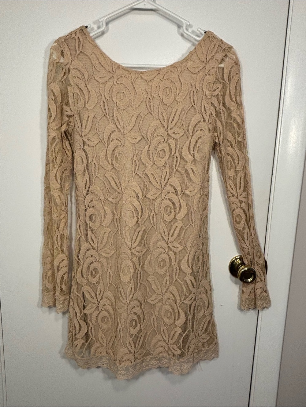 Fire Los Angeles Nude Floral Lace Long Sleeve Open Back Mini Dress